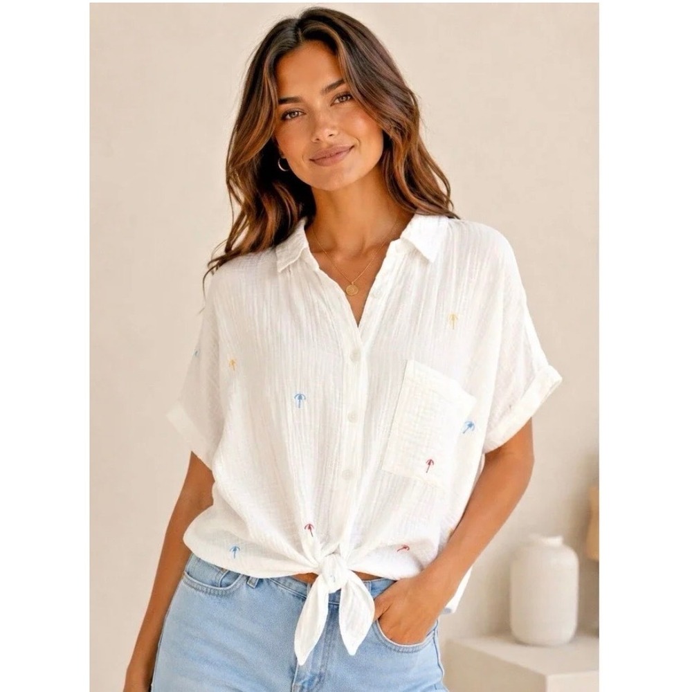 Beachlunchlounge White‎ Cotton Gauze Embroidered Umbrella Tie Front Top XS Beach
